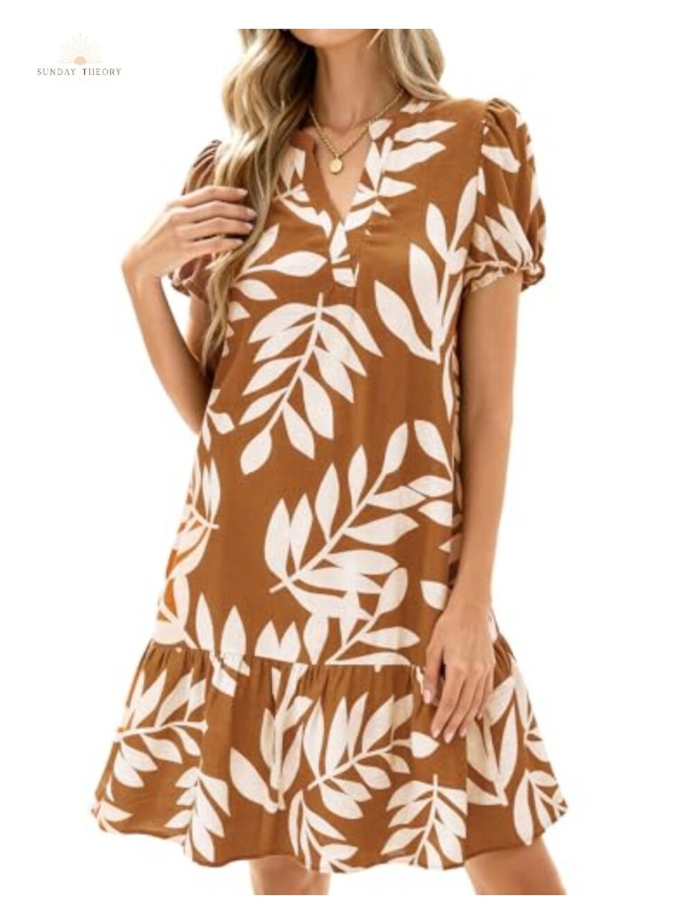 Women Puff Sleeve Floral Mini Babydoll Dress V-Neck A-Line Loose Fit